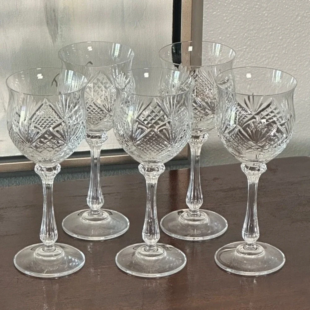 Vintage Cut Crystal Water Goblets Set of 5 Diamond Fan 7